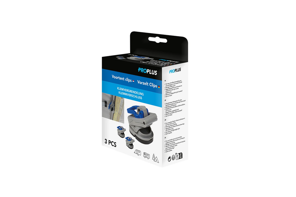 Set van drie clips voor het vastzetten van de luifel van de ProPlus vouwcaravan 361735.