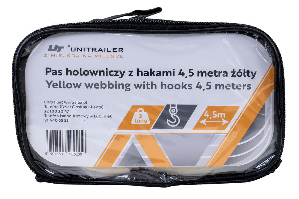 UNITRAILER sleepkabel met haken sleepband 4,5 m/50 mm/3 ton geel