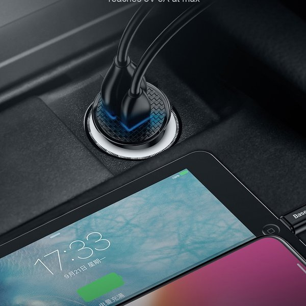 BASEUS Ronde plastic USB-A, USB-C 30W autolader