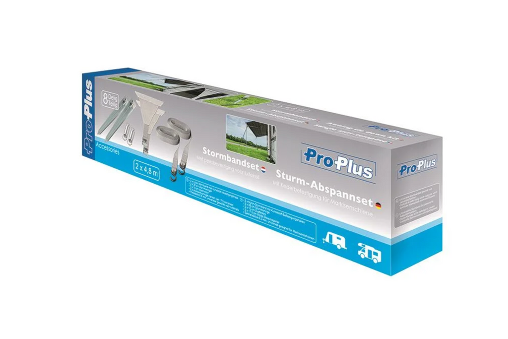 Set van twee ProPlus 361729 stormbanden bevestigd aan een luifelrail van 2x4,8 m.