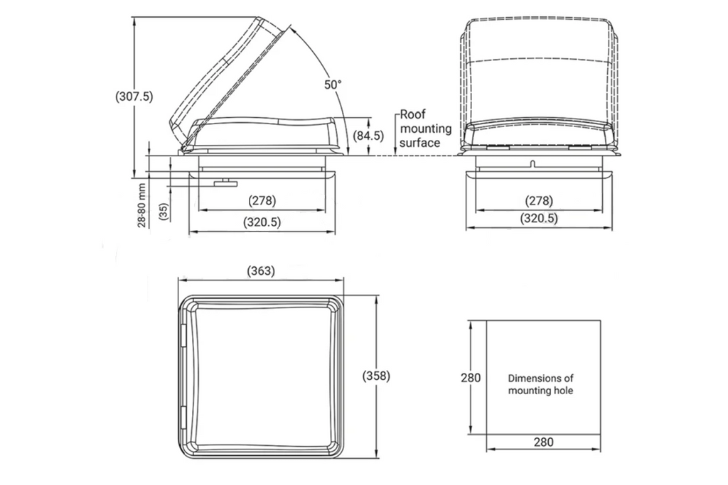 ProPlus 610900V01 dakraam/dakventilatie voor camper 280x280mm