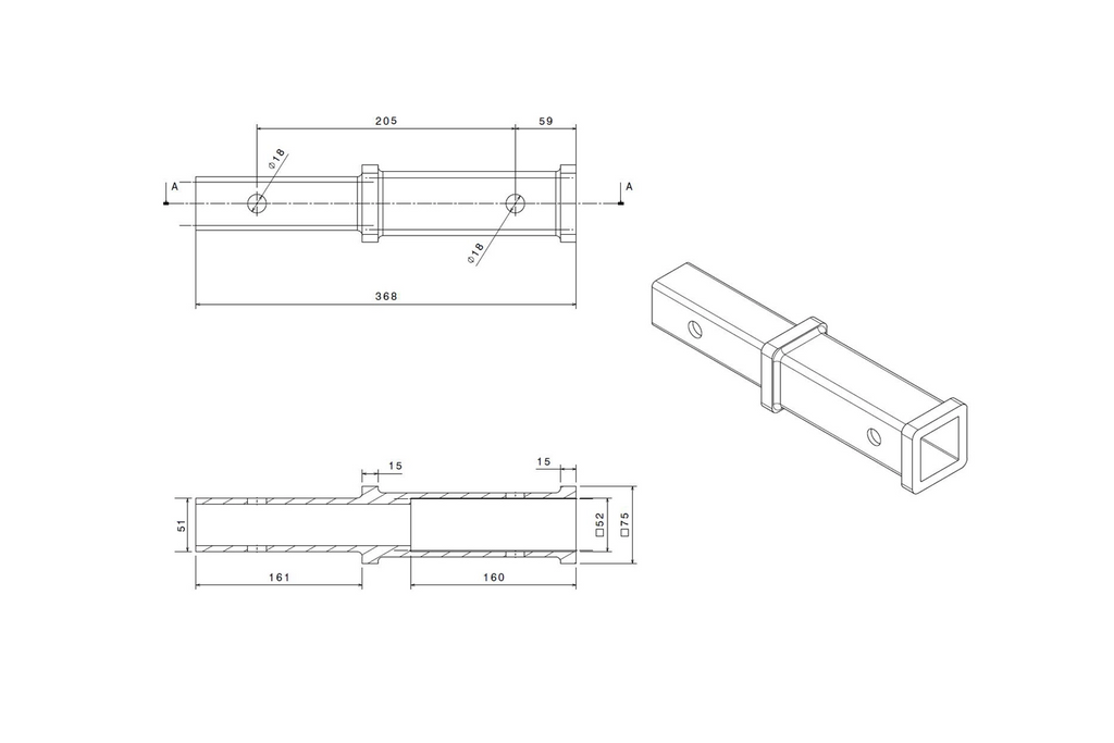 Trekhaakverlenging 2" XIMPLIO 205mm 51x51mm