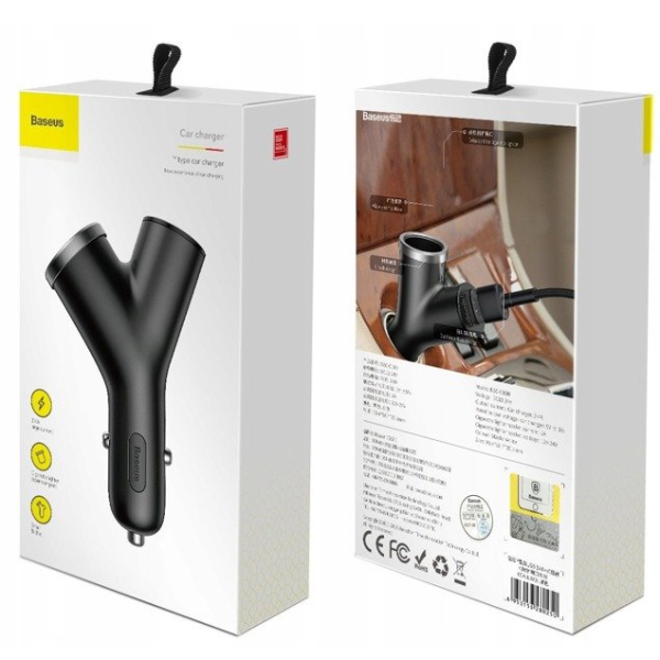 BASEUS Y Type 2xUSB autolader, sigarettenaansteker aansluiting 40W